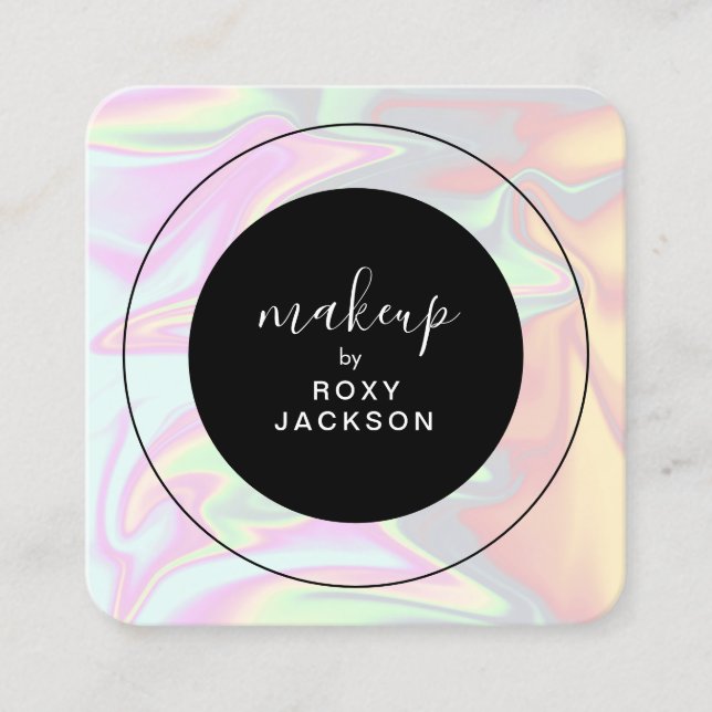Stylish modern elegant holographic makeup square business card (Front)