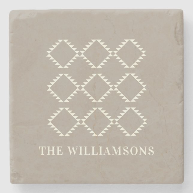 Stylish Modern Farmhouse Geometric in Taupe Name   Stone Coaster (Front)