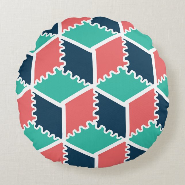 Stylish Modern Geometric Colour Cube Round Cushion (Front)