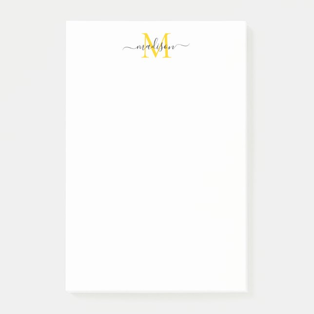 Stylish Modern Girly Script Monogram Black Yellow Post-it Notes (Front)