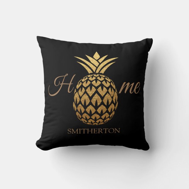 Stylish Modern Gold Pineapple Black Home Cushion (Front)