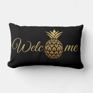 Stylish Modern Gold Pineapple Black Welcome Lumbar Cushion