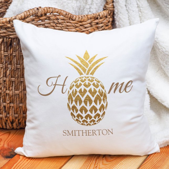 Stylish Modern Gold Pineapple White Home Cushion (Gold and white pineapple "Home" pillow)