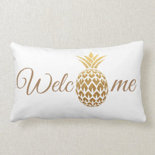 Stylish Modern Gold Pineapple White Welcome Lumbar Cushion
