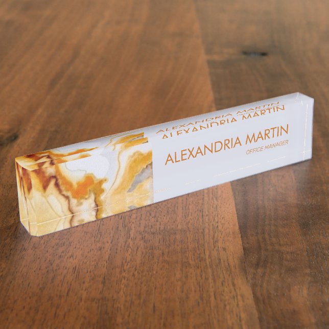 Stylish Modern Gold White Marble Agate Name Title Nameplate (Side)