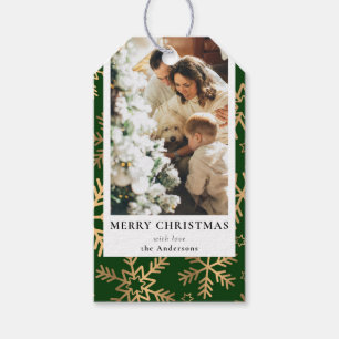 Stylish Modern Green Gold Christmas Family Photo Gift Tags