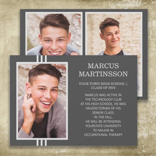 Stylish Modern Grey Class of 2024 Graduation Photo Announcement (Brown 3-photo graduation announcement card for boys)