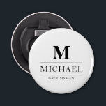 Stylish Modern Groomsmen Gifts Monogram Best Man Bottle Opener<br><div class="desc">This elegant monogrammed black and white bottle opener features the groomsmen's names and initials, written in a stylish, black minimalist typography. Simply add the names and initials of the groomsmen in the personalisation section to create your own masculine groomsmen bottle opener. Although displayed here as a groomsman gift, you can...</div>