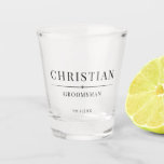 Stylish Modern Groomsmen Gifts Simple Elegant Shot Glass<br><div class="desc">This elegant shot glass showcases the groomsman's name, title, and wedding date in traditional, minimalist black typography. To personalise, simply enter the groomsman's name, title, and date in the designated personalise section to create your own masculine groomsman shot glass. While this example is tailored as a groomsman's gift, the title...</div>