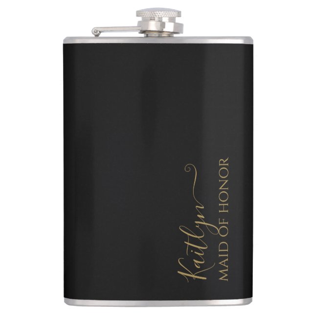 Stylish Modern Maid of Honour Gift | Black Gold Hip Flask (Front)