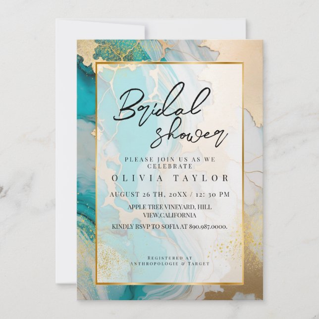 Stylish Modern Marble Turquoise Bridal Shower Invitation (Front)