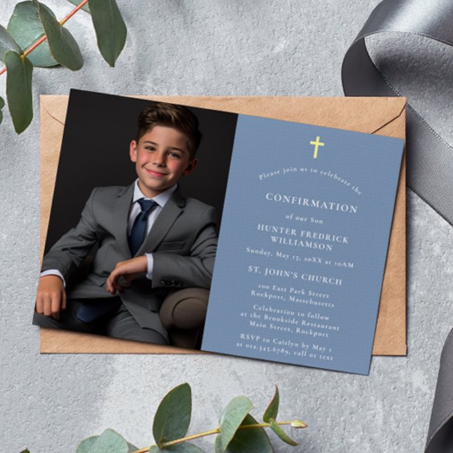 Stylish modern minimal photo blue Confirmation  Invitation (Creator Uploaded)