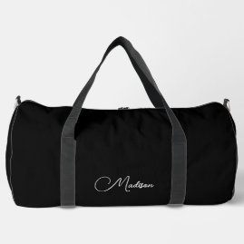 Stylish Modern Minimalist Script Name Black Duffle Bag