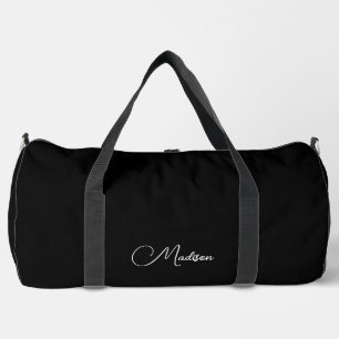 Stylish Modern Minimalist Script Name Black Duffle Bag