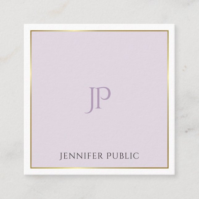Stylish Modern Monogram Gold Purple Trendy Plain Square Business Card (Front)