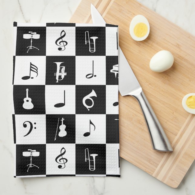 Stylish Modern Music Notes and Instruments Tea Towel (Quarter Fold)