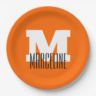 Stylish Modern Name Initial Neon Sunset Orange Paper Plate
