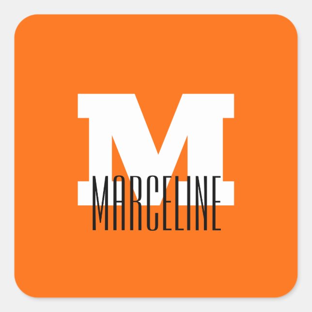 Stylish Modern Name Initial | Neon Sunset Orange Square Sticker (Front)