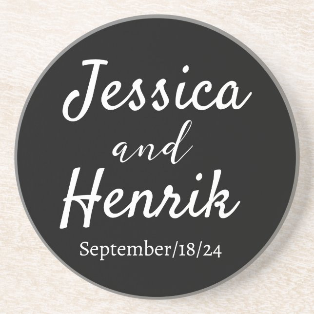 Stylish Modern Name Minimalist Wedding black colou Coaster (Front)