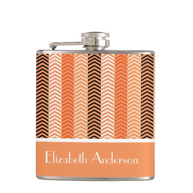 Stylish Modern Orange Chevron Stripes With Name Hip Flask (Front)