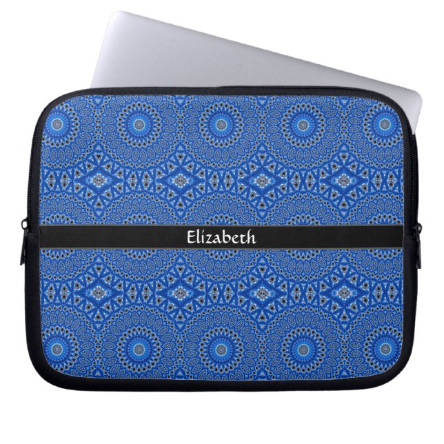Stylish Modern Personalised Pattern Blue Black Laptop Sleeve (Front)