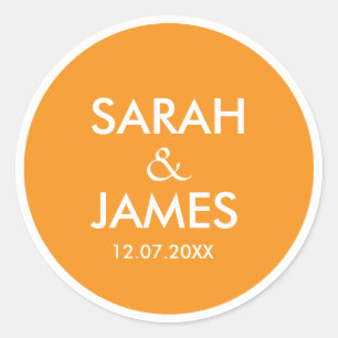 STYLISH MODERN PERSONALIZED NAME ORANGE WEDDING CLASSIC ROUND STICKER