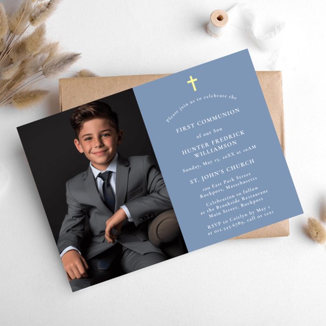 Stylish modern photo blue  First Communion Invitation (Creator Uploaded)