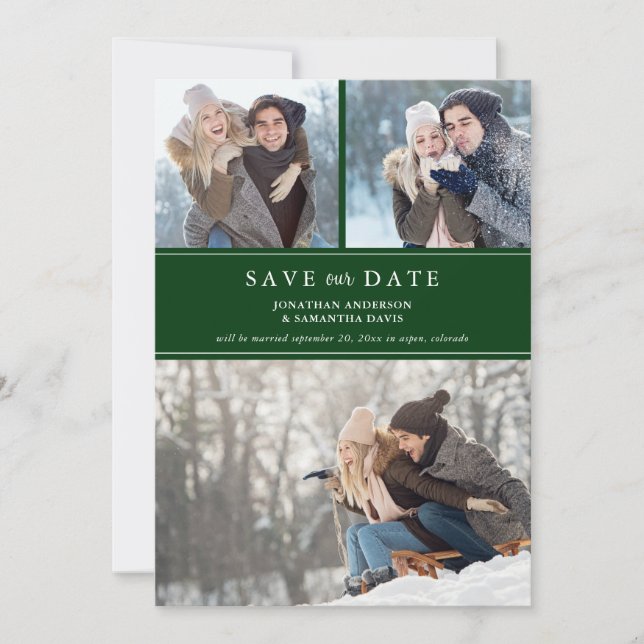 Stylish Modern Photo Collage Emerald Green Save The Date (Front)