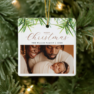 Stylish & Modern Photo & Greetings Christmas Pines Ceramic Ornament