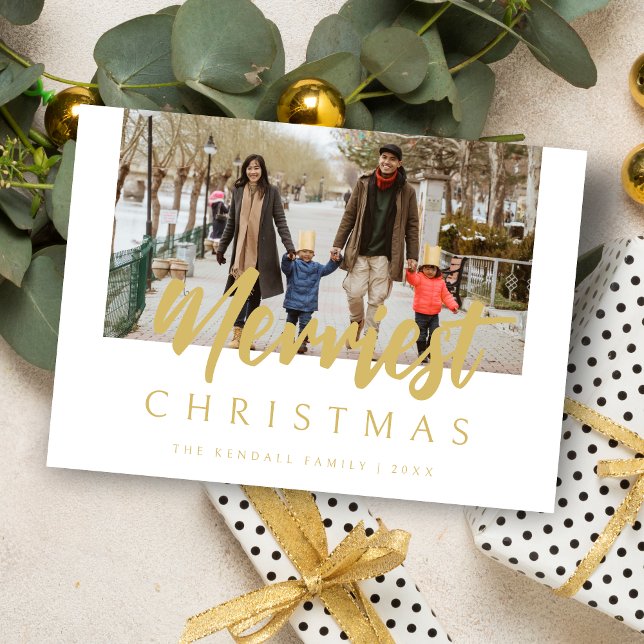 Stylish Modern Photo Merriest Christmas Quote Holiday Card (Christmas Stylish Modern Photo Merriest Christmas Quote in Faux Gold Holiday Card with Envelope.)