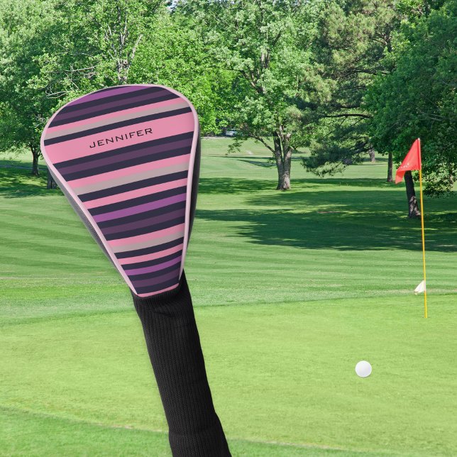 Stylish Modern Pink and Purple Stripe Golf Head Cover (An elegant golf head cover with pink and purple stripes and custom name in capital letters)