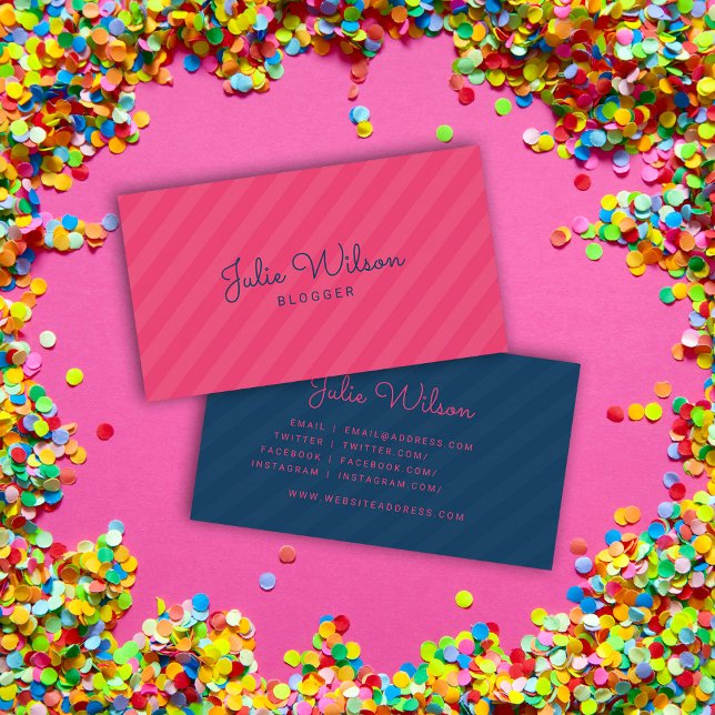 Stylish Modern Pink & Blue Stripes Social Media Business Card (Creator Uploaded)