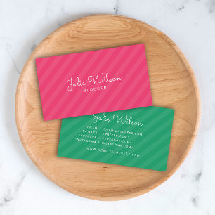 Stylish Modern Pink & Green Stripes Social Media Business Card