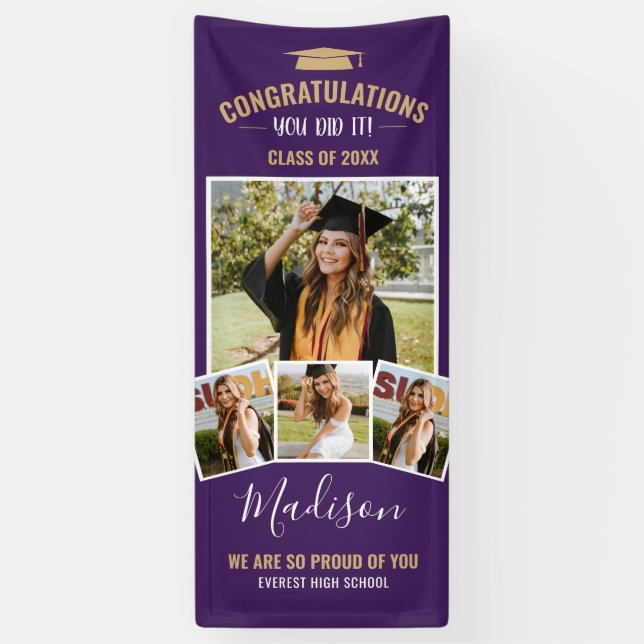 Stylish Modern Purple 4 Photo Collage Graduation Banner (Vertical)