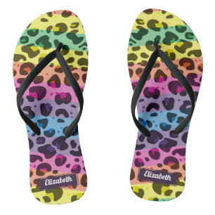 Stylish modern rainbow leopard spots with name thongs