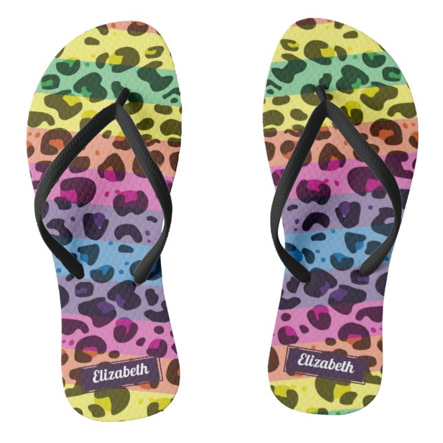 Stylish modern rainbow leopard spots with name thongs (Footbed)