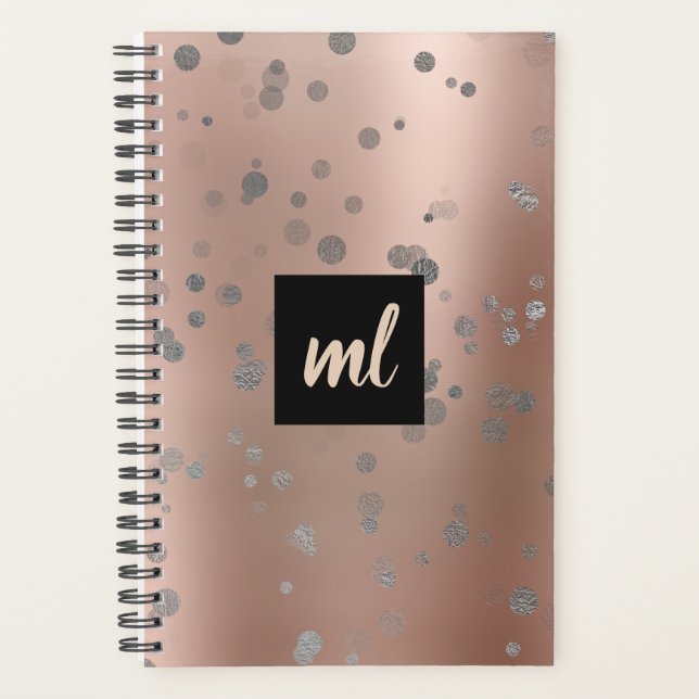 Stylish modern rose gold silver confetti dots planner (Front)
