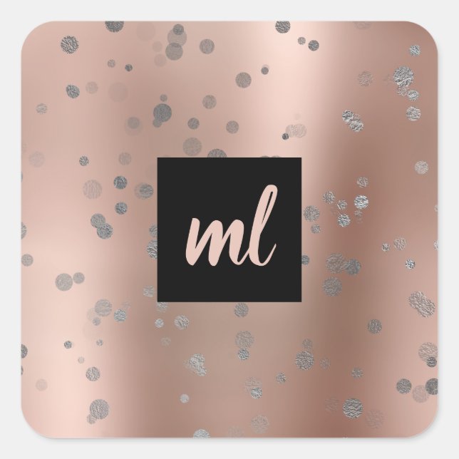 Stylish modern rose gold silver confetti dots square sticker (Front)