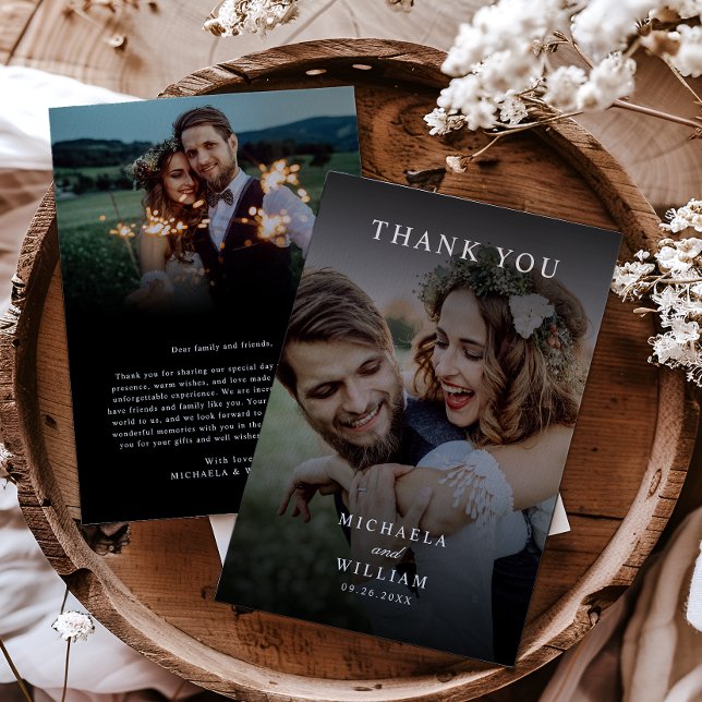 Stylish Modern Script 2-Photo Wedding Thank You Card (Creator Uploaded)