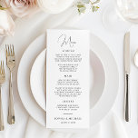 Stylish Modern Script Black And White Wedding Menu<br><div class="desc">This wedding menu card elevates your menu into a work of art. The modern calligraphy script adds a touch of sophistication, while the clean layout in black and white showcases your curated courses in a visually engaging way. This menu card is sure to leave a lasting impression on your guests....</div>