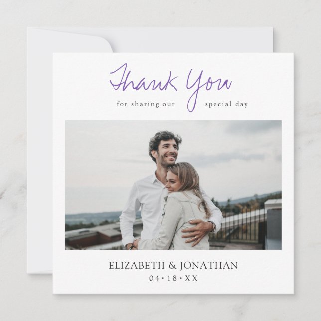 Stylish Modern Script Photo Thank You Wedding Card (Front)