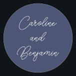 Stylish Modern Script Wedding Names Navy Blue Classic Round Sticker<br><div class="desc">Stylish Modern Script Wedding Names Navy Blue Classic Round Sticker</div>