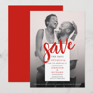 Stylish Modern Simple Red And White Photo Wedding Save The Date