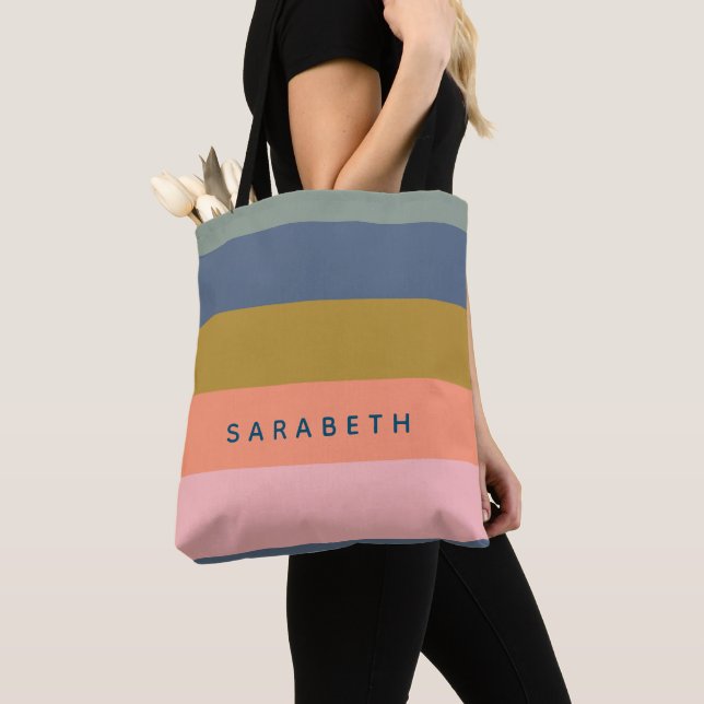 Stylish Modern Stripes in Pretty Earth Tones Name Tote Bag (Close Up)