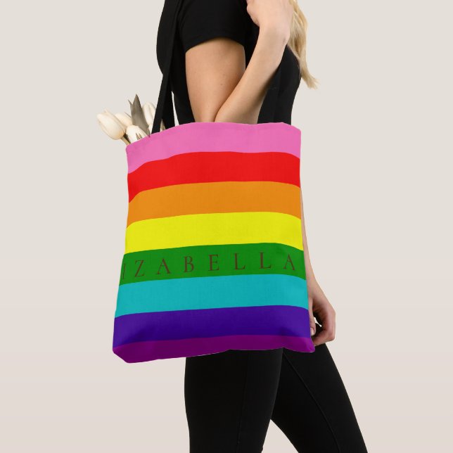 Stylish Modern Stripes in Rainbow LGBT Tones Name Tote Bag (Close Up)