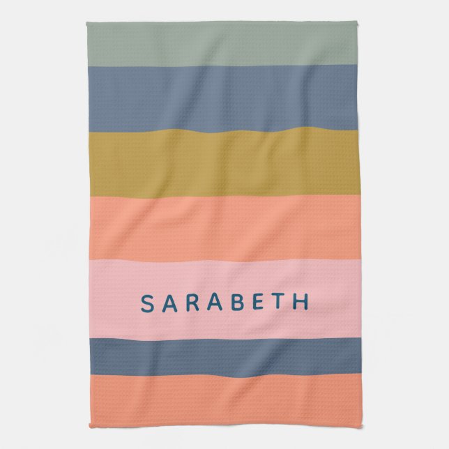 Stylish Modern Stripes Pretty Earth Tones Custom Tea Towel (Vertical)