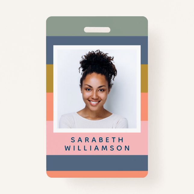 Stylish Modern Stripes Pretty Earthy Name Photo ID Badge (Front)