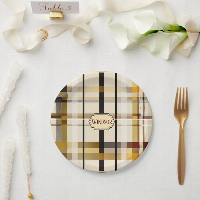 Stylish Modern Taupe and Gold Plaid  Paper Plate (Wedding)
