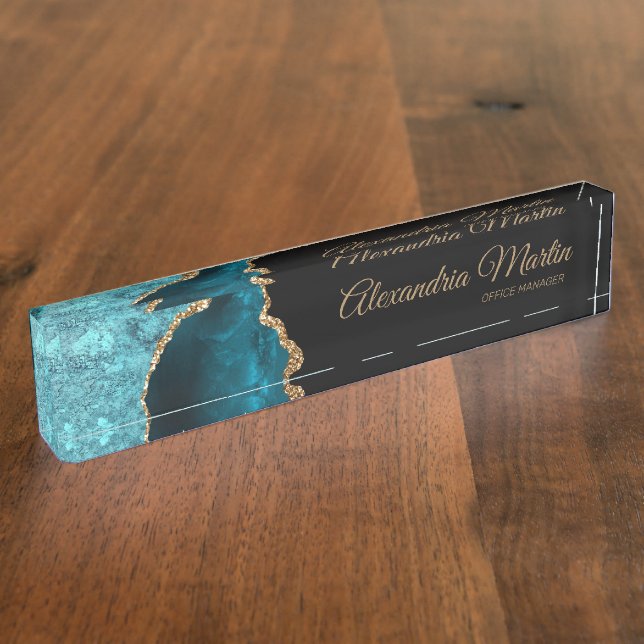 Stylish Modern Teal Black Gold Glitter Script Nameplate (Side)