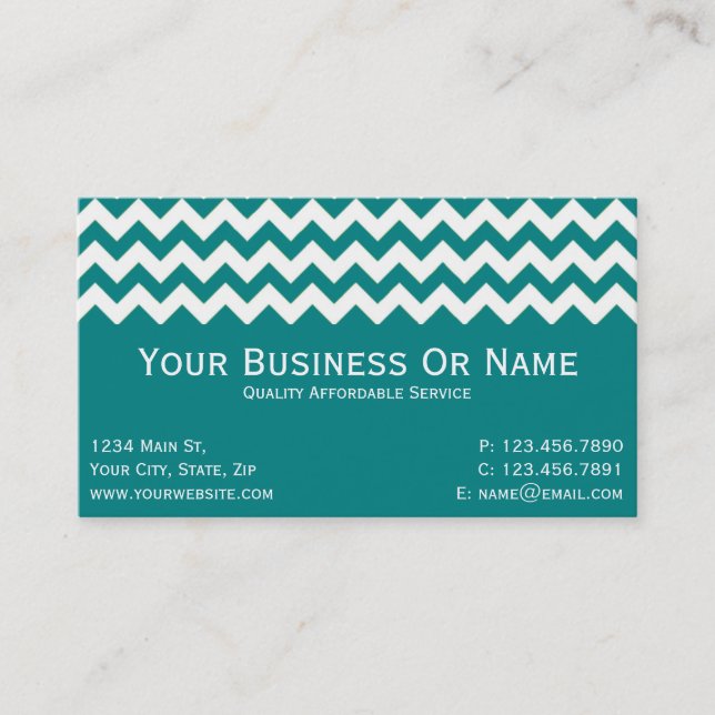 Stylish, Modern Teal Blue And White Chevron Text Business Card (Front)